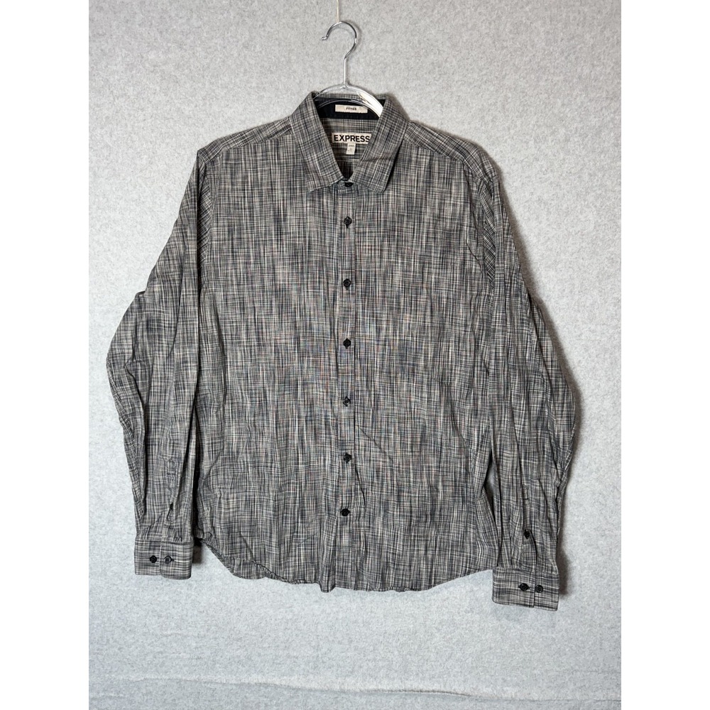 Express Shirt Mens Large Gray Black Fitted Long Sleeve Button Up Plaid Cotton